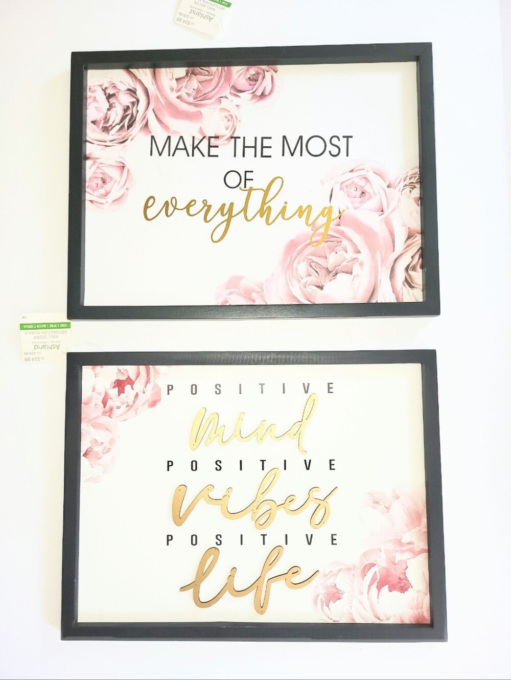 NWT Inspirational Wall Art Set Framed Hanging Decor 2 Piece Floral Gold Metallic
